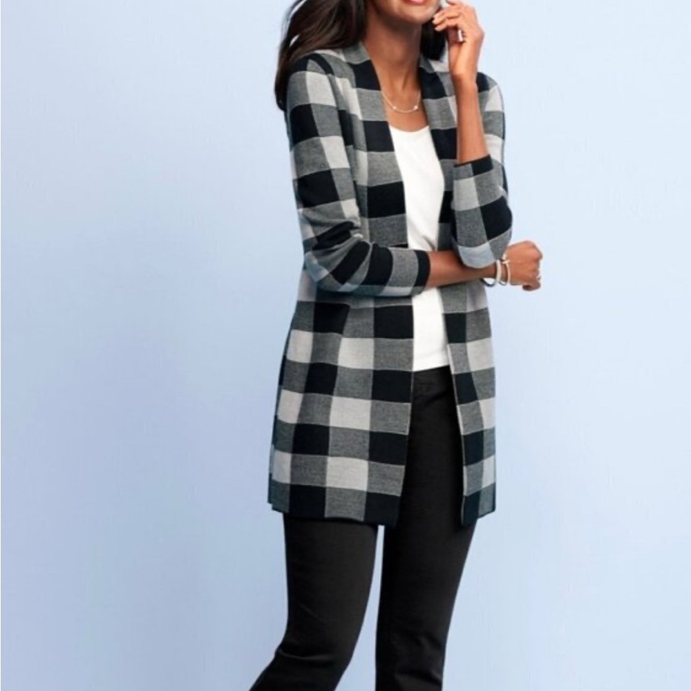 Talbots Buffalo print sweater gingham open cardigan small